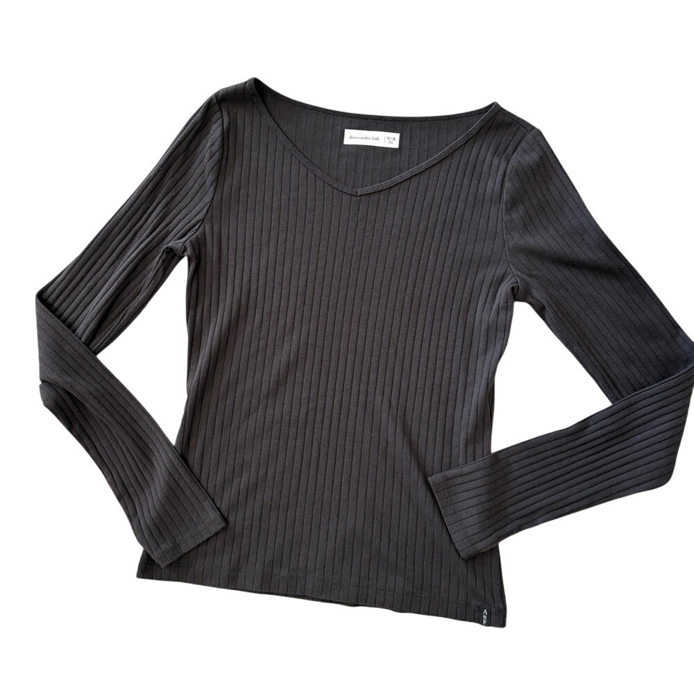 Abercrombie Kids Girls Charcoal Grey Ribbed V-Neck Long Sleeve Top Size 15/16 XL